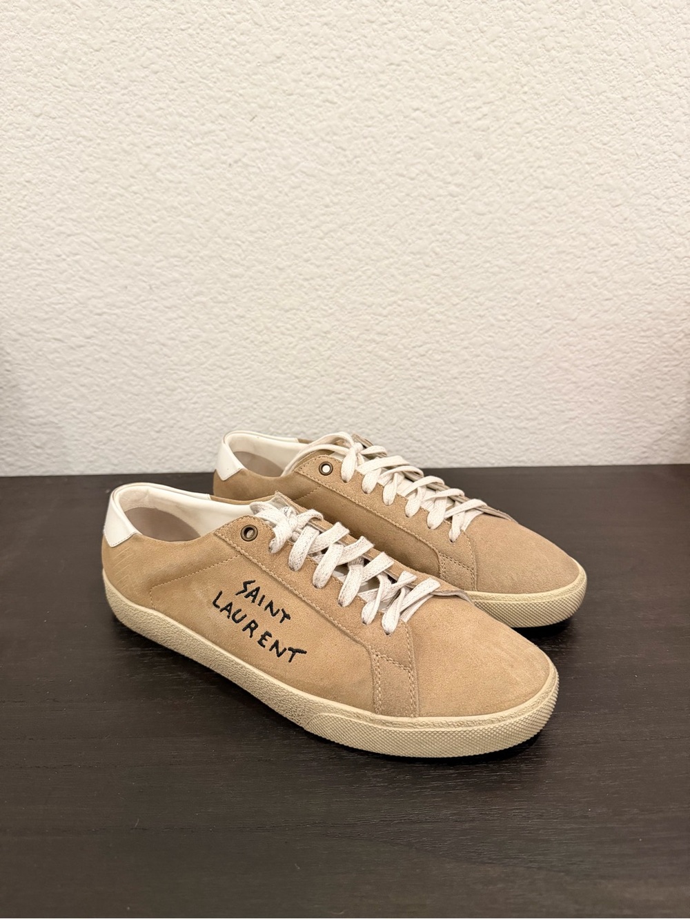 Saint Laurent Tan Suede Low-Top Sneakers with White Accents